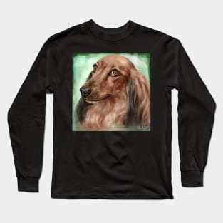 Painting of a Fluffy Dachshund with Brown Coat, on Green Background Long Sleeve T-Shirt